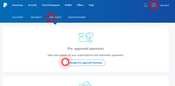 PayPal pre-approved payments page screenshot